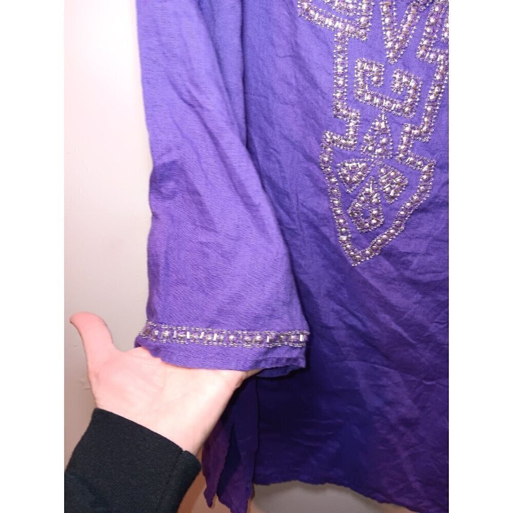 Chicos Top Womens Sz 1 Oversized Purple Linen Beaded V-Neck Casual Basic - Picture 3 of 6